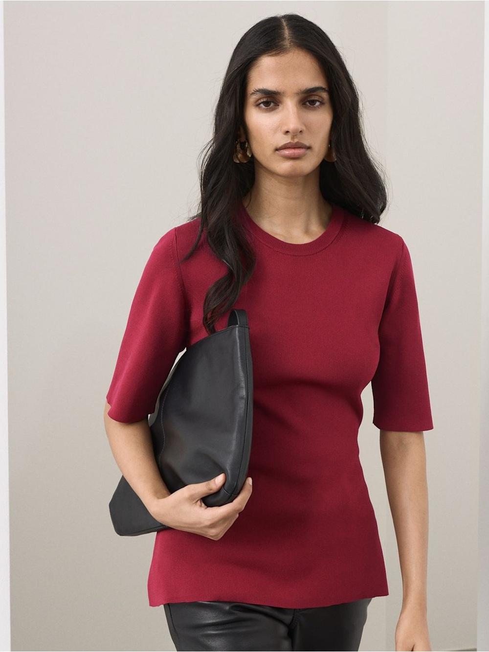 M&S Autograph Crew Neck Peplum Knitted Top Size M dark cranberry